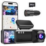 Dash Cam 4K Ultra HD, Front Dash Camera for Cars Built-in GPS, 5.8GHz WiFi, APP Control, 3.2" IPS Screen, Night Vision, Wide Angle, WDR, 24H Parking Mode,Included 64GB Card and 48W 2- Port Car Charger