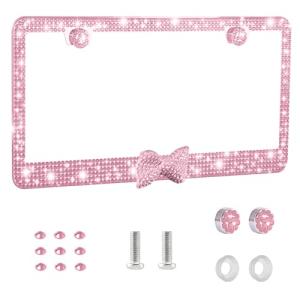 Bling License Plate Frame for Women, 1 Pack Sparkly Diamond Car Tag Covers with Rhinestone Crystals & Glitter Screw Caps, Stainless Steel Girly Auto Accessories, for Her(Pink + Pink Bow)