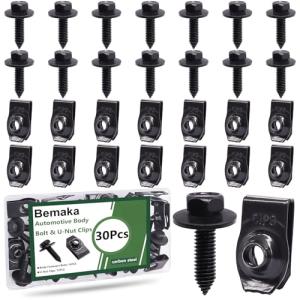 Bemaka 30Pcs Automotive Body Bolt & U-Nut Clips Kit, Multipurpose Fender Bolts Body Fastener Clips for Most Cars Bumper Engine Splash Shield
