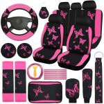 BBTO 43 Pcs Butterfly Car Seat Full Set Butterfly Car Accessories for Women 5 Front Rear Seat Covers Wrist Strap 2 Pcs Cup Mat Armrest Pad 2 Belt Cover Accessories for SUV(Pink, Black)