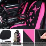 BBTO 43 Pcs Butterfly Car Seat Full Set Butterfly Car Accessories for Women 5 Front Rear Seat Covers Wrist Strap 2 Pcs Cup Mat Armrest Pad 2 Belt Cover Accessories for SUV(Pink, Black)