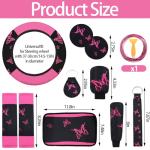 BBTO 43 Pcs Butterfly Car Seat Full Set Butterfly Car Accessories for Women 5 Front Rear Seat Covers Wrist Strap 2 Pcs Cup Mat Armrest Pad 2 Belt Cover Accessories for SUV(Pink, Black)