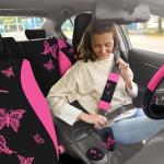 BBTO 43 Pcs Butterfly Car Seat Full Set Butterfly Car Accessories for Women 5 Front Rear Seat Covers Wrist Strap 2 Pcs Cup Mat Armrest Pad 2 Belt Cover Accessories for SUV(Pink, Black)