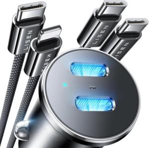 LISEN 90W USB C Car Charger Fast Charging, Dual Fast Charging Port PD 45W Cigarette Lighter Adapter, for iPhone 17X Super Fast Car Charger USB C with 2 Cables for iPhone 16 15 14 13 12 Pro Max