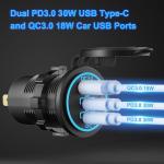12V USB Outlet Wire USB Charger Multi Port, Dual PD3.0 USB-C and Quick Charge3.0 Car Port Socket with Power Switch, Fast Charge for Phone lPad Android Phones, Suitable for Car Boat RV Marine ATV