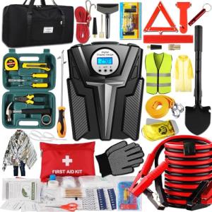 Car Emergency Kit, Roadside Assistance Emergency Car Kit Jumper Cables, Road Trip Essentials, Auto Vehicle Car Safety Kit with Digital Air Compressor Tire Inflator, Reflective Warning Triangle
