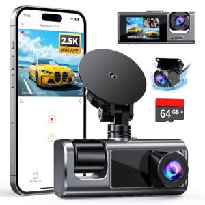 Galphi 3 Channel WiFi Dash Cam Front and Rear Inside with 64GB SD Card, 2.5K+1080P+1080P Car Dash Camera for Cars Front and Rear, Dashcam with G-Sensor, Loop Recording, 24H Parking Mode, Support 512GB