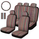 Sino Salected Baja Saddle Blanket Car Seat Covers Full Set with Seat Belt Pads and Steering Wheel Cover, Washable Breathable Striped Woven Cloth Seat Covers for Cars, SUV, Truck, (Orange)