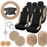 Fulmoon 17 Pcs Car Seat Cover Full Set for Women Universal Fit Car Front Rear Fluffy Steering Wheel Fleece Handbrake Shift Covers Hanging Accessory Holder Ring Emblem(Beige Black)