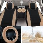 Fulmoon 17 Pcs Car Seat Cover Full Set for Women Universal Fit Car Front Rear Fluffy Steering Wheel Fleece Handbrake Shift Covers Hanging Accessory Holder Ring Emblem(Beige Black)