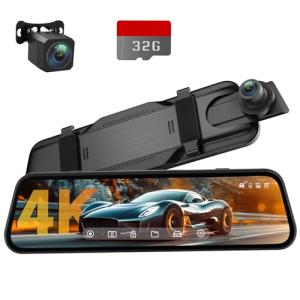 Veement 4K Rear View Mirror Camera, 10'' 4K Mirror Dash Cam with 1080P Backup Camera, Dash Cam Front and Rear for Car with Voice Control, 24H Parking Mode, Night Vision, 32GB SD Card Included