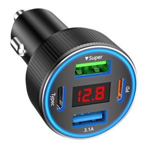 Car Charger USB C, 78W 4 Port Fast Charging Car Phone Charger Adapter, Dual USB-C & USB-A Cigarette Lighter Adapter with Voltmeter Type C Vehicle Accessories for iPhone 16 15, iPad, Samsung, Android
