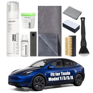 COSLAKE for Tesla Interior Cleaner Kit 9PCS, Foam Seat Cleaner Safe for Tesla Black & White Vegan Leather, with Screen Cleaner, Plastic Restorer, Car Detailing Kit for Model Y/3/S/X Accessories