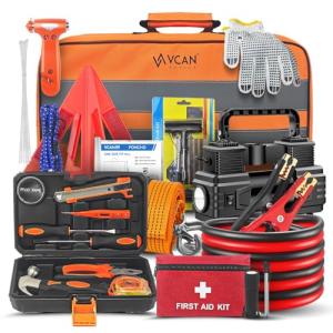 Car Emergency Kit with Portable Air Compressor, First Aid Kit, Jumper Cables, Roadside Safety Emergency Tool Kit for Women, Men, Teen