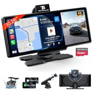 TECXERLLON 10.26'' Wireless Carplay Screen for Car with 4K Dash Cam & 1080P Backup Camera, Portable Car Audio Receivers with Carplay & Android Auto, GPS Navigation, Airplay, Mirror Link