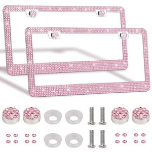 2 Pack Bling License Plate Frames Premium Sparkly License Plate Frame for Women Durable Pink Bling Car Accessories