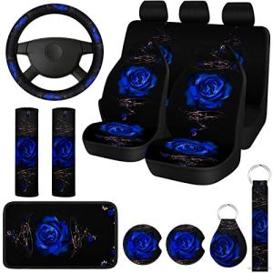 Tallew 15 Pcs Rose Flower Car Seat Covers Set for Women, Universal Full Set with Rubber Steering Wheel, Armrest, Seatbelt Covers, Front, Rear Backrest, Bottom, Polyester Fabric(Blue)