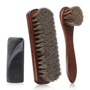 3-Pcs 100% Horse Hair Shoe Brush Kit Premium Dauber Applicator Leather Care Cleaning Set with Polishing Brush and Microfiber Cloth for Leather Suede Shoes/Boots/Bags/Cars/Cleaning/Polishing