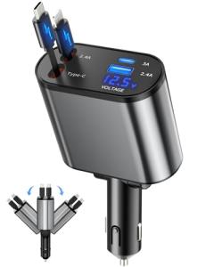 Retractable Car Charger, 4 in 1 Fast Charging Car Charger USB-C & USB-A Compatible with iPhone 16/15/14/13/12/11,Galaxy,Pixel