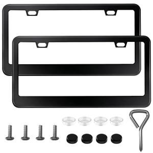 2PCS Premium Matte Black License Plate Frame, Stainless Steel License Plate Cover Auto Accessory with Screw Cap for Front and Rear License Plates, Women's/Men's Universal License Plate Frame (Black)