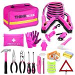 THINKWORK Car Emergency Kit for Teen Girl and Lady's Gifts, Pink Emergency Roadside Assistance kit with Pink Car Tool Set, 10FT Jumper, First Aid Kit, and More Ideal Pink Car Accessories Tool - E8
