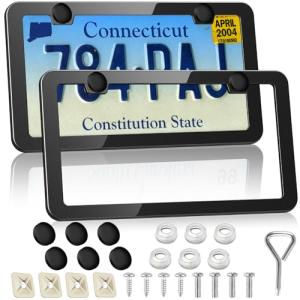 RYHYC License Plate Frames Cover 2Pcs Matte Black Rustproof Stainless Steel Licence Plate Holder for Front Rear,Universal Car Accessories for Most Cars