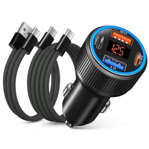 USB C Car Charger, 65W 4-Port Dual 12V USB-C&USB-A Multi Port Car Adapter Cigarette Lighter Charger Voltage Meter QC+PD 3.0 Super Fast Car Phone Charger for iPhone 16e 15 Pro Max Plus+2X Type C Cable