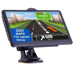 GPS Navigator for Car Truck RV, Latest 2025 Map, 7 inch Touch Screen Real Voice Spoken Turn-by-Turn Direction Reminding Navigation System for Cars, Vehicle GPS with Speed and Red Light Warning