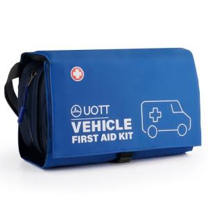 UOTT First Aid Kit for Car – Vehicle Emergency Kit with Detachable Modules, Window Breaker, Splint, Reflective Vest – for Travel, Commute & Roadside Emergencies, Compact Blue Bag