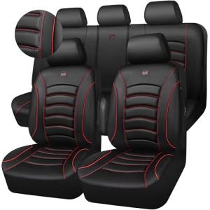 CAR PASS 3D Foam PU Leather Car Seat Covers, Universal Seat Covers Full Sets for Trucks SUV Sedan Automotive Seat Covers Armrest Airbag Compatible Waterproof Comfortable Faux Nappa Leather Black Red