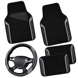 CAR PASS Leather Steering Wheel Cover and Waterproof Car Floor Mats,Microfiber Universal Car Combo Fit for 95% Sedan,SUV,Cars,14.5-15inch Sporty Anti-Slip Safety Comfortable Design(Black&Gray)