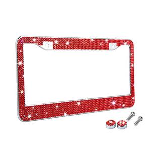 TZARROT Red Bling Rhinestone License Plate Frames for Women, Metal Rust-Proof License Plate Cover Bling Car Accessories for Women Girls