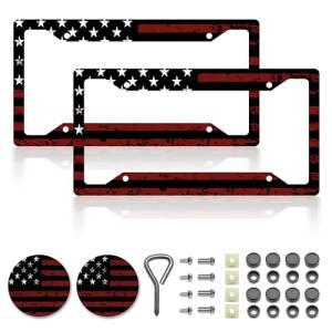 Black Red American Flag License Plate Frames, American Flag Car Accessories for Women & Men,US Car Plate License Plate Holder,Aluminum License Plate Frame Fits Standard Vehicles Size 12.2 x 6 Inch