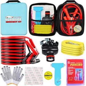 LIANXIN Car Emergency Roadside Tool Kit, Auto Emergency Kits Vehicles, with Jumper Cables kit,Car Safety Roadside Assistance Kit,Headlamp,Tow Straps,Safety Hammers,Rainwear,Gloves.Sky Blue