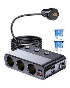 7 in 1 Cigarette Lighter Splitter, LIHAN 3 Socket Car Charger Adapter, Type-C QC3.0 PD 30W Charging, Dual USB Charging Ports, Independent Switches, LED Voltmeter, Plug Outlet 12V/24V(3.3ft Cable)