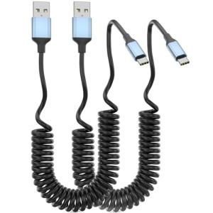 Coiled USB C Cable, 2Pack Retractable 3ft USB Type C Charger Cable Apple CarPlay Fast Charging iPhone 16 Car Charger Cord Compatible with iPhone 16/15 Series, Samsung Galaxy S23, Google Pixel
