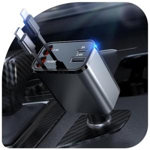 69W Retractable Car Charger, 4-in-1 Fast Car Phone Charger with 2.6ft Two Retractable Cables and USB C+USB A Car Charging Block Cube, Compatible with iPhone 16 15 14 13 12 Pro Max Plus,Galaxy,Pixel