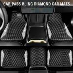 CAR PASS Bling Leather Car Mats Shining Diamond Floor Mats Crystal Rhinestone Sparkly Glitter Carpet Anti-Slip Waterproof Pad Universal Fit Automotive SUV, Sedan, Van, 5pcs Girl Women, Black Silver