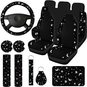 Yexiya 15 Pcs Moon and Star Car Seat Covers Print Car Accessories Full Set for Women Men Set Steering Wheel Cover Armrest Pad Seat Belt Pads Wrist Keychain Auto Interior Decor(Moon, Star)