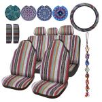 Frienda 14 Pcs Baja Car Seat Covers Full Set Multicolor Stripe Boho Print Steering Wheel Cover Seat Belt Cover Crystal Hanging Ornament Car Holders Fits (Stripe Style)