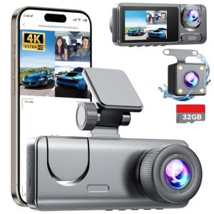 3 Channel Dash Cam Front and Rear Inside, Bulit a 32GB Card, Dash Camera for Cars,4K Full HD 2.0'' IPS Screen Dashcam with G-Sensor, IR Night Vision, WDR, Loop Recording, 24H Parking Mode