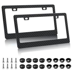 EWBN Carbon Fiber License Plate Frame,2 Pack Black License Plate Frames with Screws & Caps,Classic Carbon Fiber Design Car Black License Plate Holders Fits All Standard US Plates