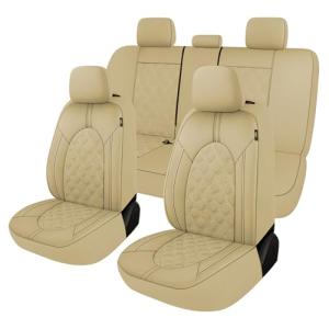 CAROMOP Luxury PU Leather Car Seat Covers Full Set-Waterproof Seat Protectors with Split Bench Seat Covers for Cars-Universal Cars Interior Covers for Sedans, SUVs, Pick-up Trucks(Beige/Beige Line)