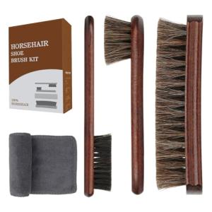 4-Piece 100% Horse Hair Shoe Brush Kit Premium Dauber Applicators Leather Care Cleaning Set with Polishing Brushes and Microfiber Cloth for Leather Suede Shoes Boots Bags Cars Cleaning Polishing