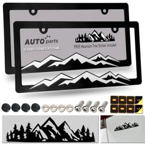 ZXFOOG Mountain License Plate Frames- Plastic Black Car Tag Holder Bracket with Screws Caps, 2 Packs 2 Hole, White on Black, Mountain Vinyl Sticker Included