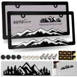 ZXFOOG Mountain License Plate Frames- Plastic Black Car Tag Holder Bracket with Screws Caps, 2 Packs 2 Hole, White on Black, Mountain Vinyl Sticker Included