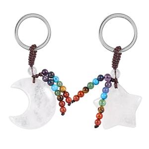 SUNYIK 2PCS Rock Quartz Hand Craved Moon Star Crystal Key Chain for Couple Love Polished Stone 7 Chakra Crystal Charm Key Ring for Car Wallet Backpack