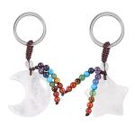SUNYIK 2PCS Rock Quartz Hand Craved Moon Star Crystal Key Chain for Couple Love Polished Stone 7 Chakra Crystal Charm Key Ring for Car Wallet Backpack