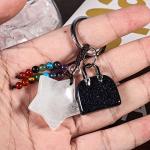 SUNYIK 2PCS Rock Quartz Hand Craved Moon Star Crystal Key Chain for Couple Love Polished Stone 7 Chakra Crystal Charm Key Ring for Car Wallet Backpack
