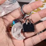 SUNYIK 2PCS Rock Quartz Hand Craved Moon Star Crystal Key Chain for Couple Love Polished Stone 7 Chakra Crystal Charm Key Ring for Car Wallet Backpack